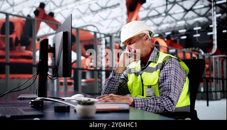 Sad Car Factory Employee With Stress. Frustrated Engineer Operator Stock Photo