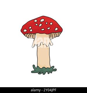 Fly agaric amanita, magic toxic mushroom with red cap and white dots. Line cartoon style of forest poisonous mushroom or medicinal plant. Isolated Stock Vector