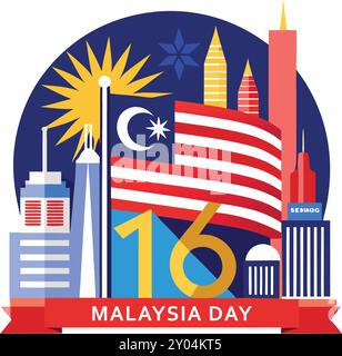 Happy Malaysia Day 16th September With Malaysian Flag Stock Vector