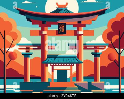 Japanese Culture Shrine Beautiful Illustration Stock Vector