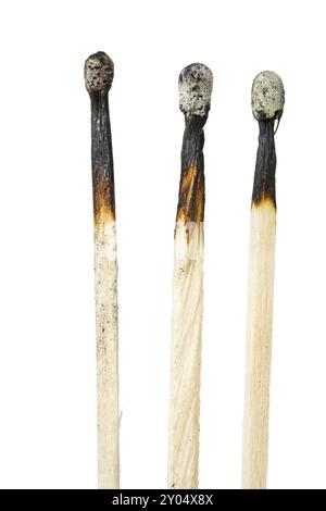 Three burned matches isolated on white background Stock Photo