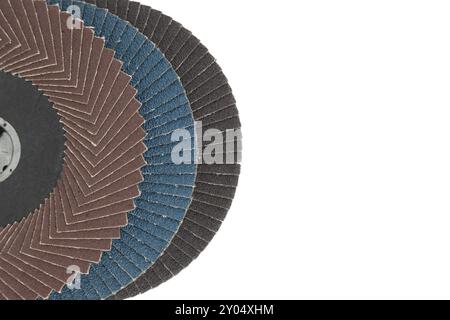 Several sanding discs in close-up view isolated on white background, typically used for grinding, sanding, and polishing in various industries Stock Photo