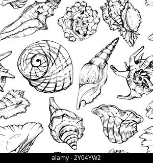 Marine life, sea ocean underwater creatures fish, shells algae seaweed, Ink and pen sketch hand drawn. Seamless pattern illustration, stylized Stock Vector