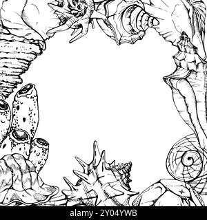 Marine life, sea ocean underwater creatures fish, shells algae seaweed, Ink and pen sketch hand drawn. Border frame illustration, stylized, isolated Stock Vector