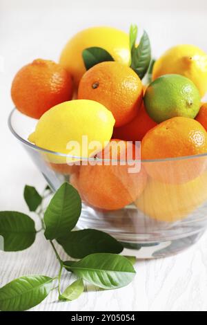 Fresh citrus fruits in the vase on a wooden table Stock Photo