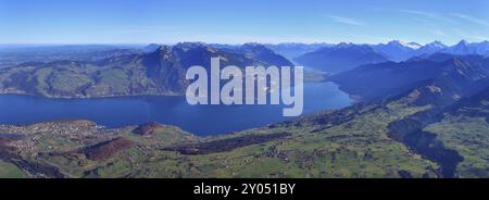 Autumn day in the Bernese Oberland. Villages Spiez, Aeschi and Aeschiried. Lake Thunersee. Mount Niederhorn. View from mount Niesen Stock Photo