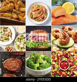 Food collage layout. A variety of dishes, a collection for a restaurant banner. International cuisine. Burger, salad and plates of Italian, Mexican, A Stock Photo