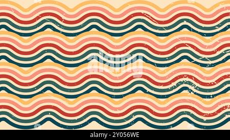 Abstract background of rainbow groovy Wavy Line design in 1970s Hippie Vintage Retro style. Old Vintage Retro background, Vintage 70s, vintage pattern Stock Vector