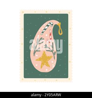 Christmas post card. Happy New Year shatterproof ornaments with star, candy cane and pine branches retro design. Vector hand drawn flat illustration i Stock Vector
