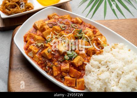 Korean food, shrimp, meat, dumplings, kimchi, xiaolongbao, mapa tofu rice, ribs, octopus, hot pot, side dishes, pickled radish Stock Photo