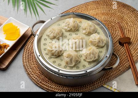 Korean food, shrimp, meat, dumplings, kimchi, xiaolongbao, mapa tofu rice, ribs, octopus, hot pot, side dishes, pickled radish Stock Photo