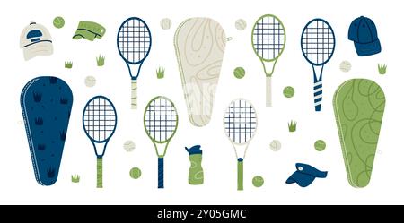 Tennis set. Sport equipment with rackets, tennis bags, caps, balls and grass elements. Sports-themed kit. Vector flat collection illustration isolated Stock Vector
