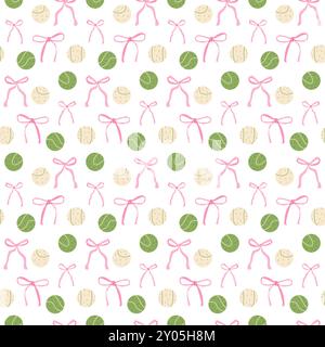 Tennis ball and bow seamless pattern. Preppy serve repeat background. Coquette sport. Vector continuous surface design. Stock Vector