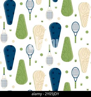 Tennis seamless pattern. Racket, balls and tennis bags on the grass court repeat background. Vector flat continuous surface design. Stock Vector