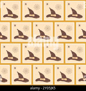 Halloween checked seamless pattern. Bento box repeat background. Witch hat and web spider retro stamps endless surface design. Vector hand drawn flat Stock Vector