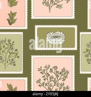 Vintage floral stamp seamless pattern with chrysanthemum, tree branches and wildflowers. Vector continuous background. Stock Vector