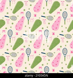 Tennis retro seamless pattern. Racket, balls and tennis bags with bow repeat background. Vector flat coquette continuous surface design. Stock Vector