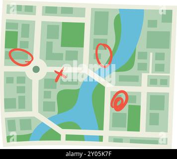 City map with red location marks color icon isolated on white background Stock Vector