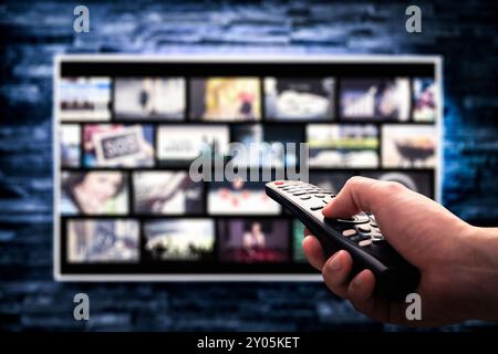 Stream movie on tv. Series online service subscription. VOD, on demand video, streaming platform. Subscribe to entertainment content. Stock Photo