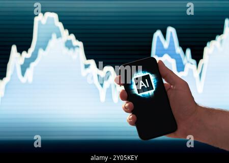 AI stock trade, crypto market or etf exchange in mobile phone. Robot technology in finance or forex. Financial growth and money profit. Stock Photo