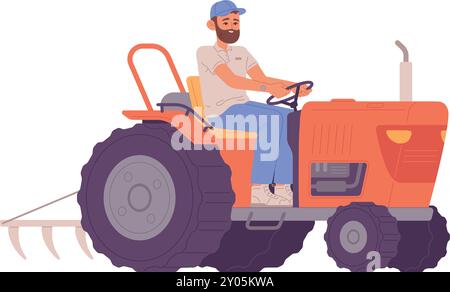 Man riding tractor. Farmer character. Field work isolated on white background Stock Vector