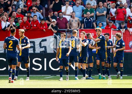 UTRECHT - Sam Lammers of FC Twente celebrates the 0-1 during the Dutch Eredivisie match between FC Utrecht and FC Twente at Galgenwaard stadium on September 1, 2024 in Utrecht, Netherlands. ANP PIETER STAM DE JONGE Stock Photo