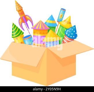 Fire crackers in cardboard box. Cartoon fireworks icon isolated on white background Stock Vector
