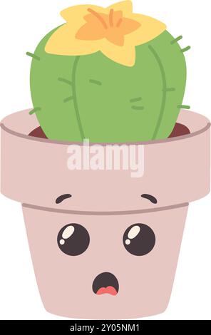 Cactus emoji. Kawaii scared face expression flowerpot isolated on white background Stock Vector