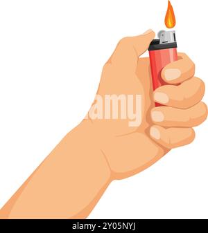 Burning gas lighter in hand. Cartoon fire flame isolated on white background Stock Vector