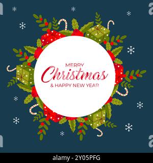 New Year card for post,background for postcard. gift, candy, branch. Greetings on blue isolated background. simple Stock Vector