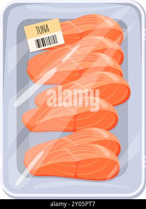 Tuna fillet in plastic wrap. Food cartoon icon isolated on white background Stock Vector