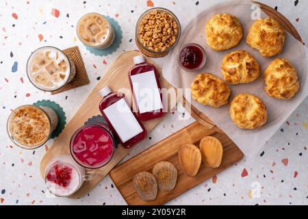 Jolly Pong shake, shake, strawberry latte, latte, rotus latte, black sesame latte, vanilla bean latte, madeleine, butter cones, scones, cafes, coffee, Stock Photo