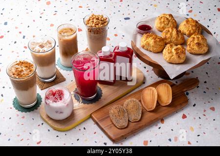 Jolly Pong shake, shake, strawberry latte, latte, rotus latte, black sesame latte, vanilla bean latte, madeleine, butter cones, scones, cafes, coffee, Stock Photo