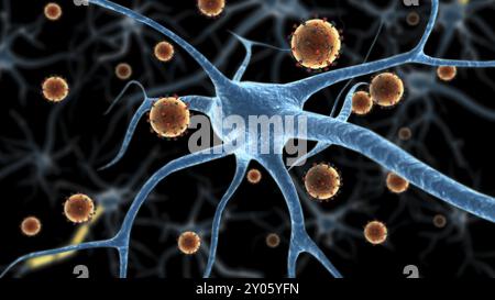 Biomedical illustration of the eastern equine encephalitis disease attaching to a neuron Stock Photo