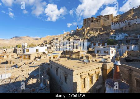 Leh Palace above cityscape of downtown Leh houses in Ladakh, India. Horizontal Stock Photo