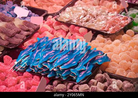 Wholesale jelly beans and sweets in a market in Valencia. Spain. Stock Photo