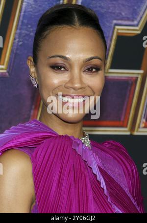 Zoe Saldana at the World premiere of 'Avengers: Endgame' held at the LA Convention Center in Los Angeles, USA on April 22, 2019 Stock Photo