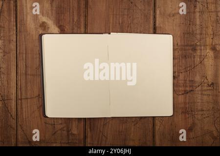 An overhead photo of an open leather bound journal with blank pages, a mockup with a place for text Stock Photo