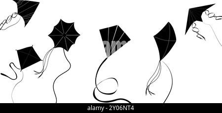 Silhouette black black white banner flying kites, , play and leisure, summer sky sport, outdoor activity flying element vector illustration Stock Vector