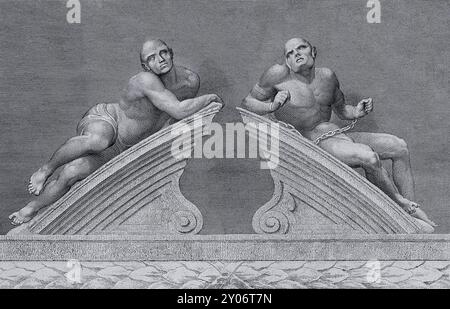 Statues of 'raving' and 'melancholy' madness, each reclining on one half of a broken segmental pediment, formerly crowning the gates at Bethlem [Bedlam] Hospital. Engraving by W. Sharp, 1783, after T. Stothard after C. Cibber, 1680. Stock Photo