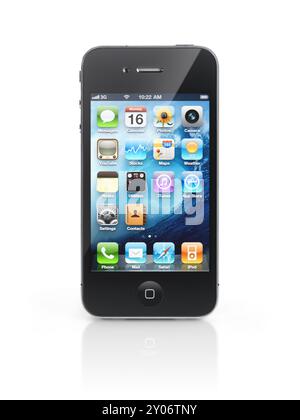 Apple iPhone 4 smartphone with desktop icons on its display isolated with clipping path on white background. High quality photo Stock Photo