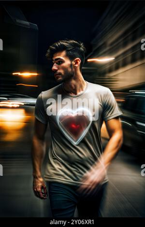 Image of a heart on a young man's T-shirt. Stock Photo