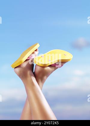 Close up of woman legs wearing bright yellow flip flops under blue sky background Stock Photo