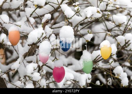 Easter eggs on a snowy tree Stock Photo