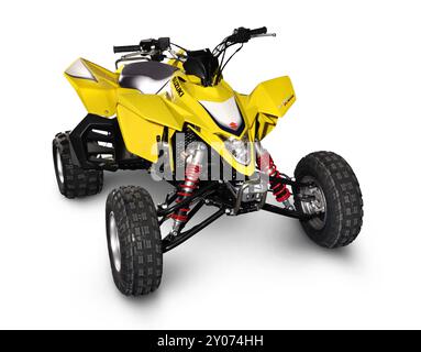 Close-up of yellow Suzuki 2007 QuadRacer R450 ATV sports quad Isolated silhouette with a clipping path on white background Stock Photo