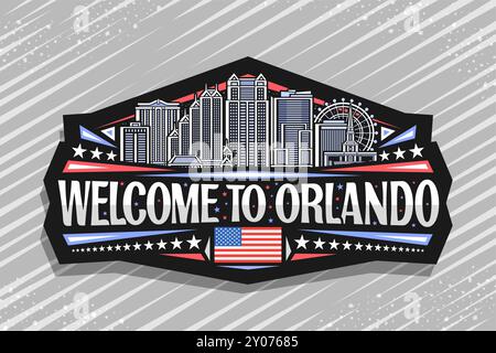 Vector logo for Orlando, dark decorative sign with draw illustration of famous panoramic orlando city scape on nighttime sky background, art design re Stock Vector