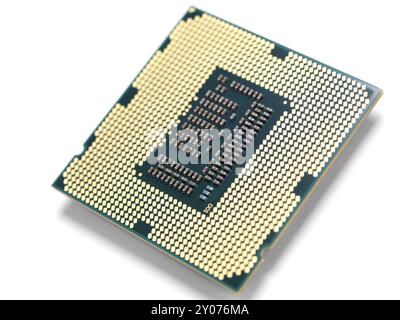 Intel i7 processor gold contacts CPU socket circuit isolated on white background Stock Photo