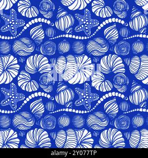 Azure blue white shell motif with linen seamless batik background, Modern coastal beach cottage rustic shell block print home decor pattern design in Stock Photo