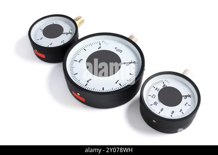 The pressure sensor in the pipeline is a manometer. Three gauges of different sizes on a white isolated background Stock Photo