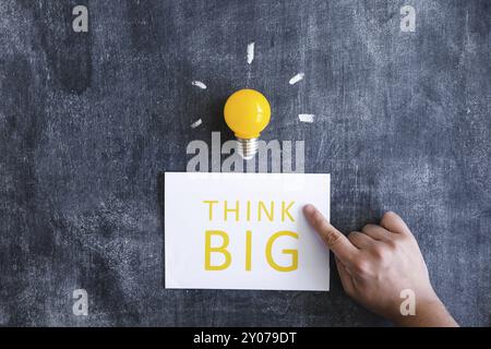Close up hand pointing finger think big with light bulb chalkboard Stock Photo